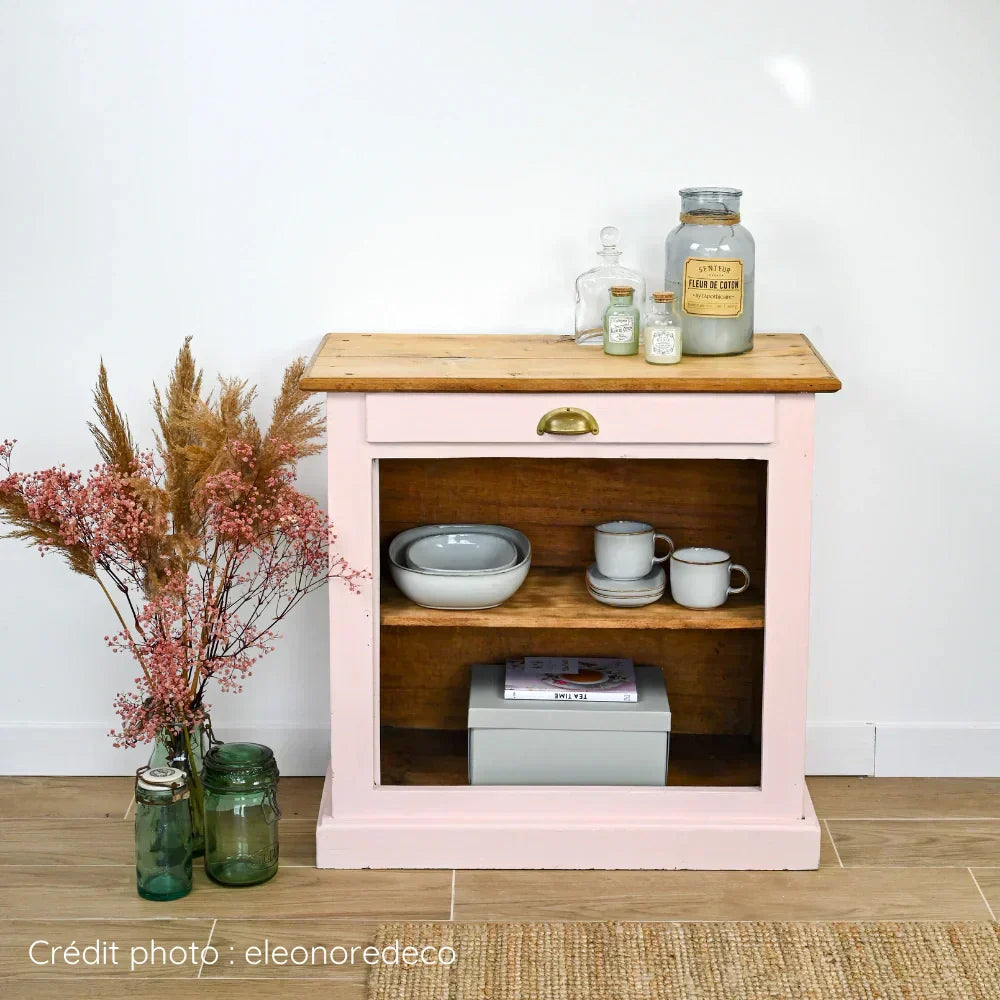 Confiturier ciré, décapé puis relooké peinture couleur Guimauve et bois sur le plateau