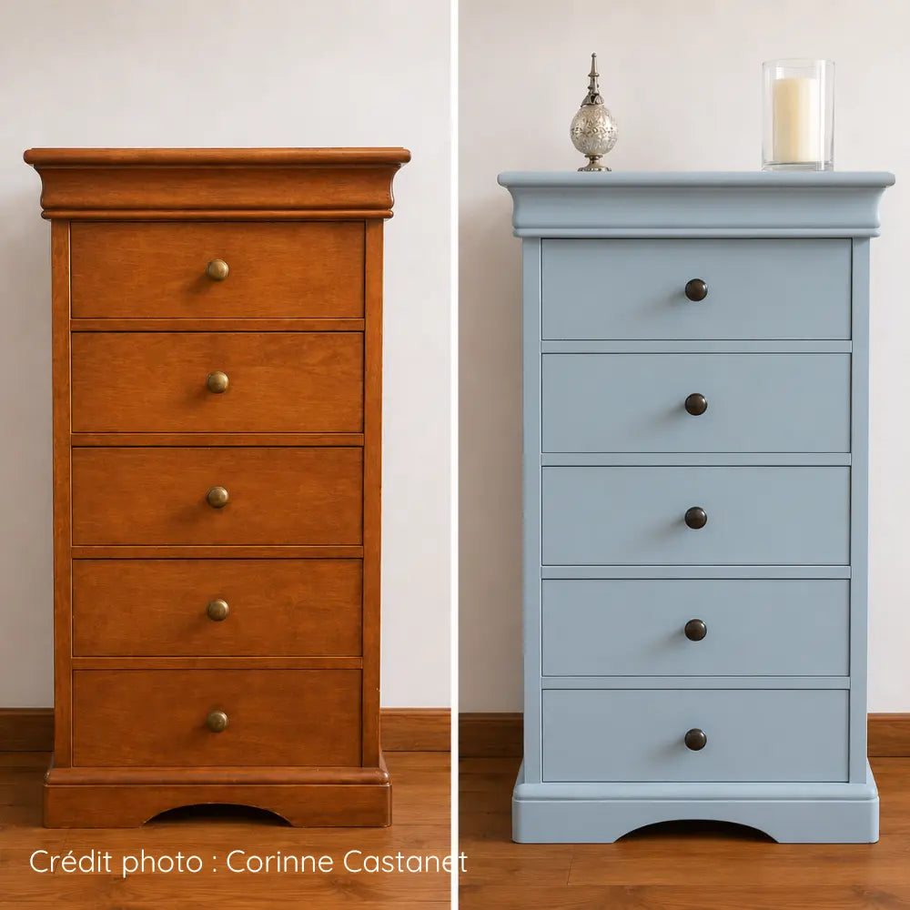 Avant/après Chiffonnier en bois verni repeint sans décapage avec la  peinture pour meuble couleur bleu Ostende