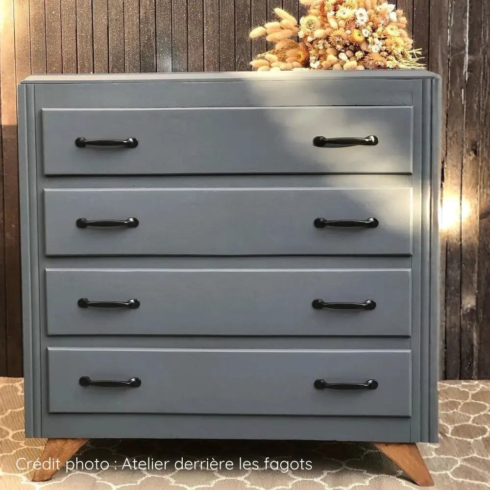 Commode en bois pieds compas vernie repeinte avec la peinture meuble gris Anthracite