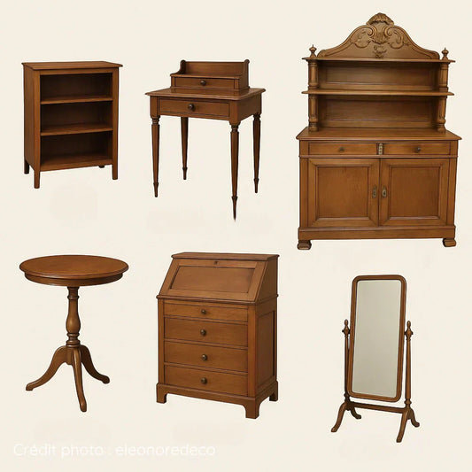 Meubles anciens en bois massif : Bibus, Saint hubert, guéridon, secrétaire, psyché