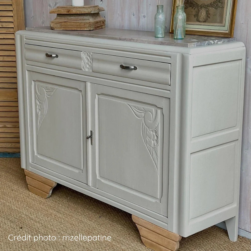Meuble Art déco bois et marbre relooké avec peinture pour meuble couleur Lin - Pieds Bois naturel