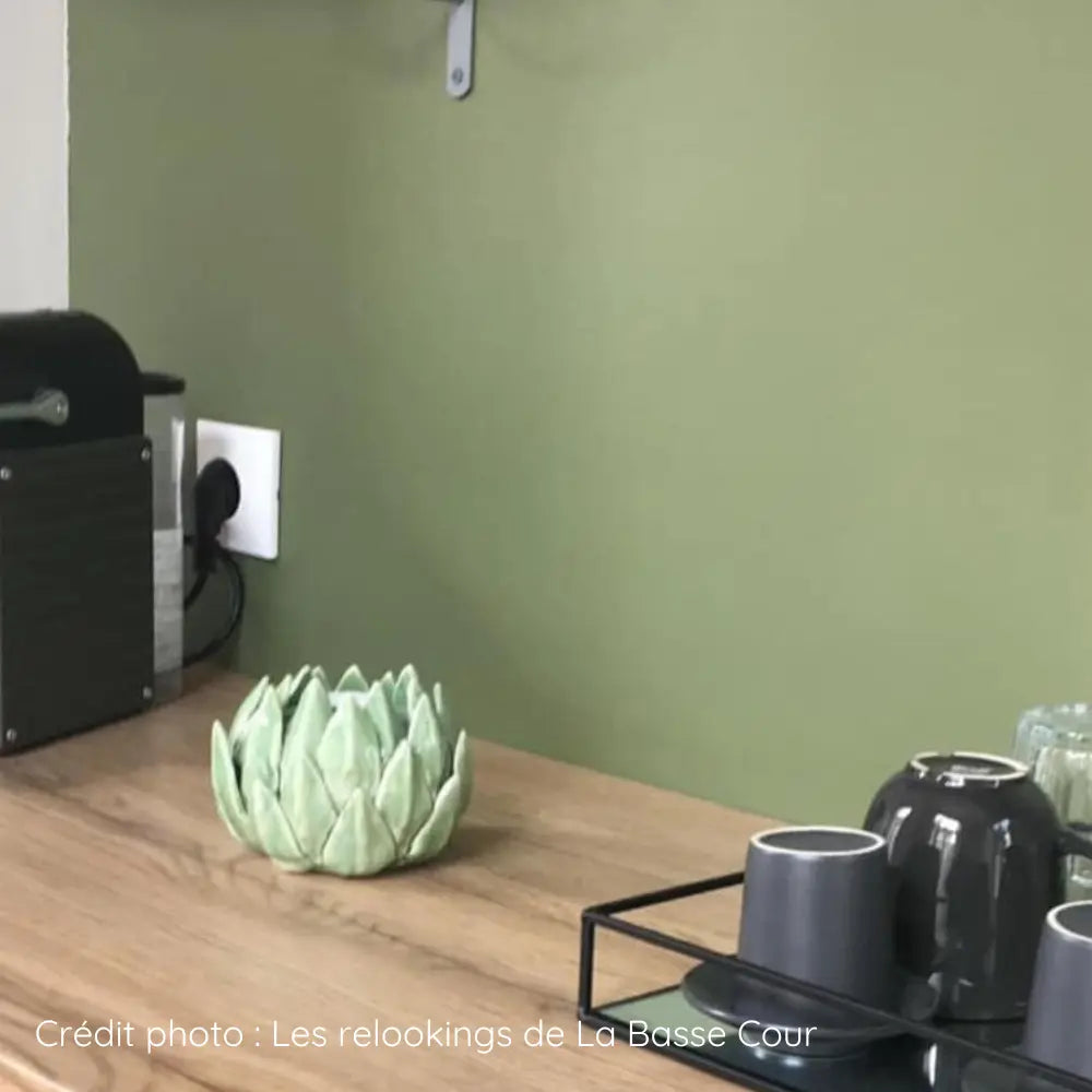 Mur de cuisine peint avec peinture pour mur couleur vert Kaki