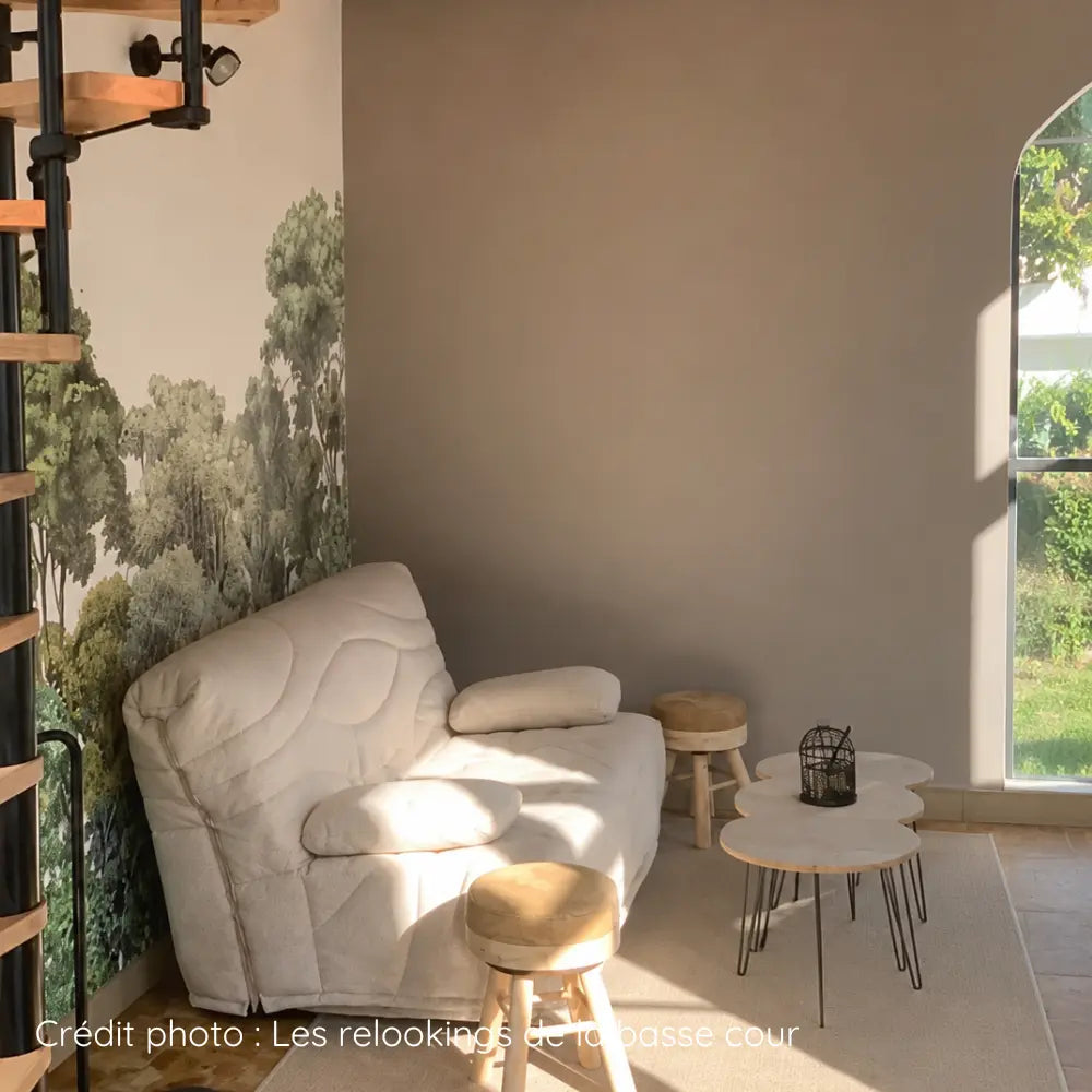 Mur de salon repeint avec la peinture murale Gris de suède Eléonore Déco