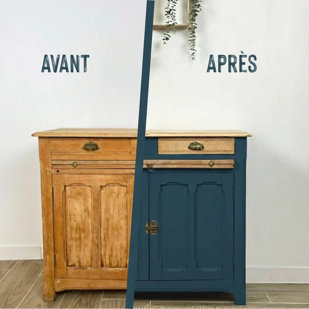 Avant/après d'un meuble en bois repeint en gris avec la peinture Eléonore déco pour meuble