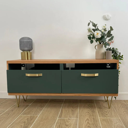 Ikea hack : meuble tv Besta repeint avec peinture vert Sequoia et Effet bois