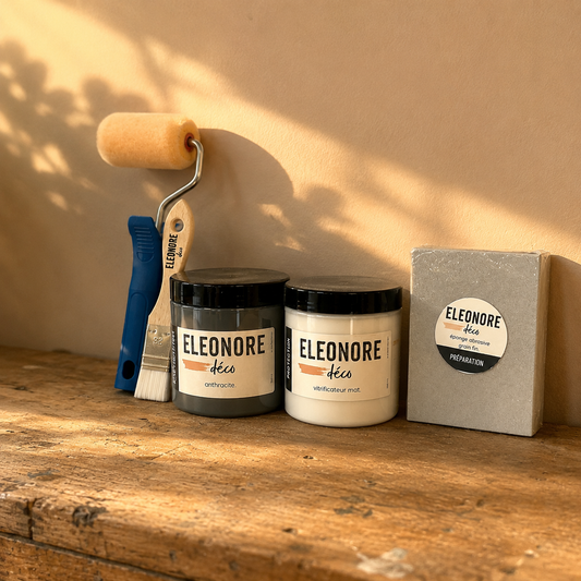 Image des produits qui composent le kit complet pour peindre un Meuble Ikea 
