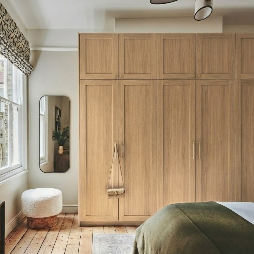 Armoire repeinte avec notre peinture Effet Bois - Sensation Bois - couleur Chêne Naturel. Peinture effet bois tout support, pour meuble, cuisine et meuble en mélaminé