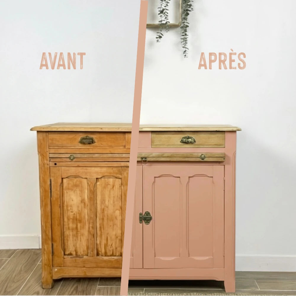 Buffet en bois relooké couleur Biscuit rose - peinture Eléonore Déco