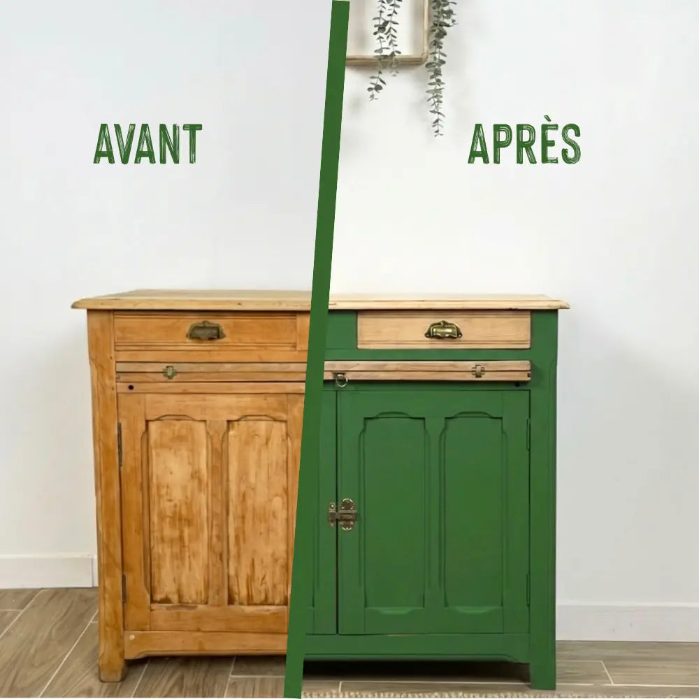 Buffet en bois relooké couleur vert Choux choux - peinture Eléonore Déco
