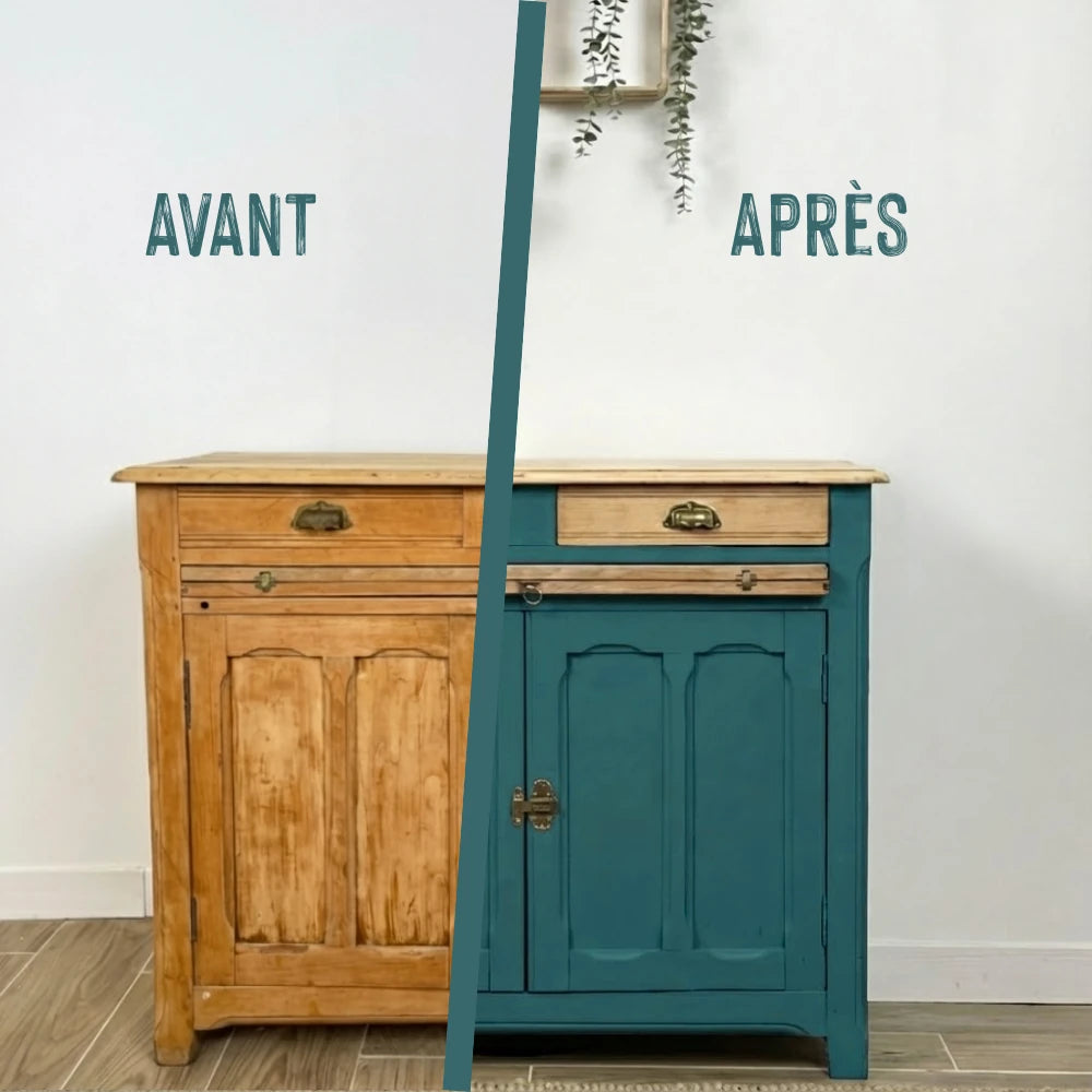 Buffet en bois relooké couleur Cyprès bleu - peinture Eléonore Déco