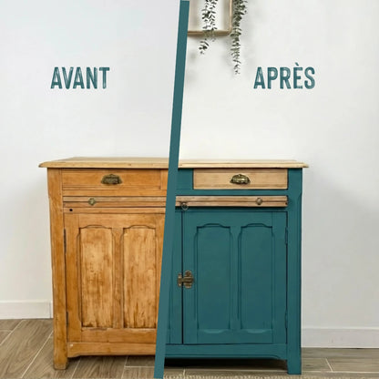 Buffet en bois relooké couleur Cyprès bleu - peinture Eléonore Déco