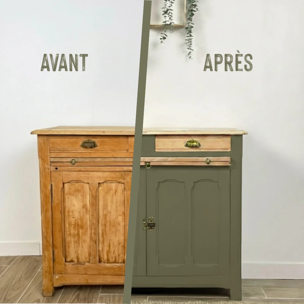 Buffet en bois relooké couleur Kaki - peinture Eléonore Déco