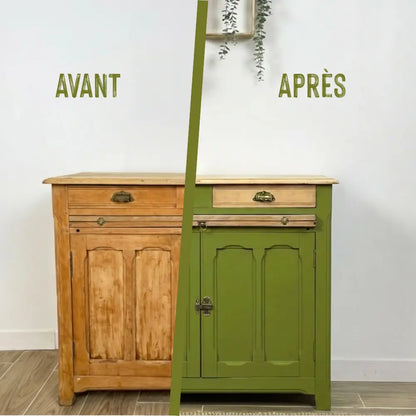Buffet en bois relooké couleur vert Matcha latte - peinture Eléonore Déco