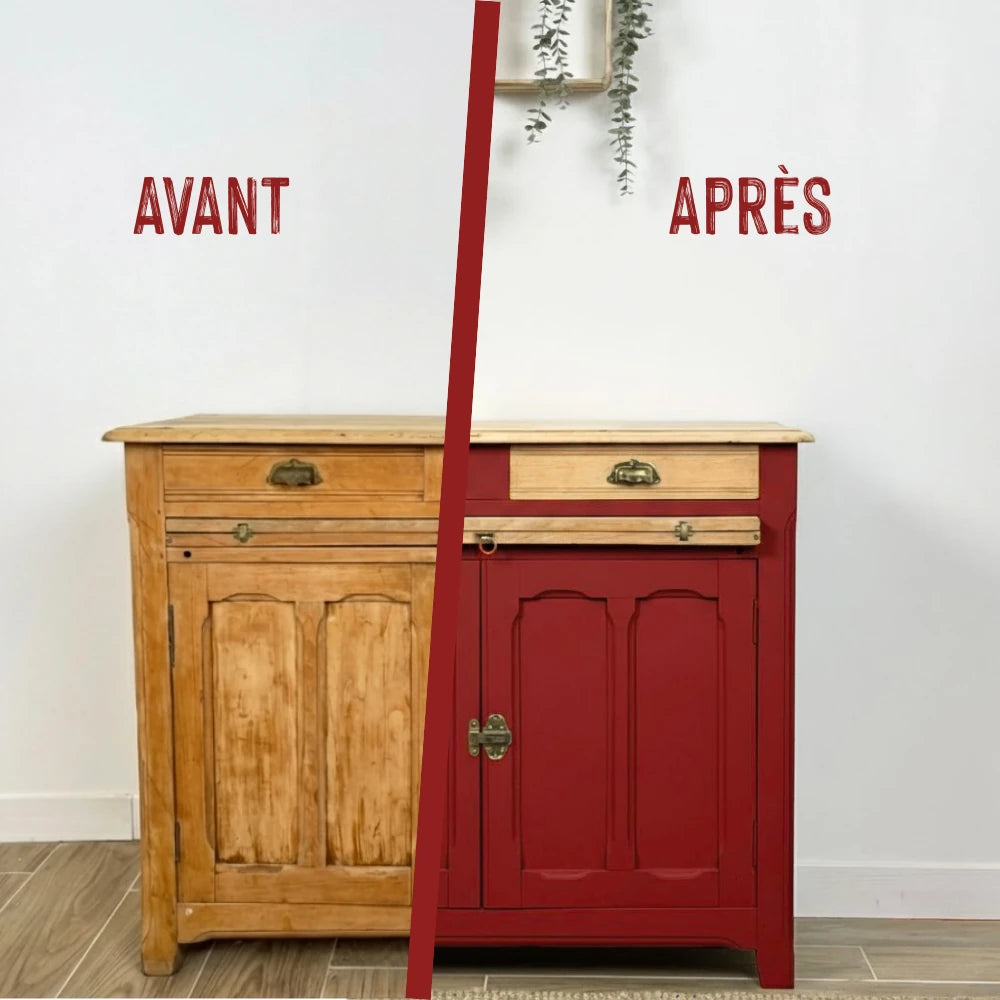 Buffet en bois relooké couleur Rouge passion - peinture Eléonore Déco