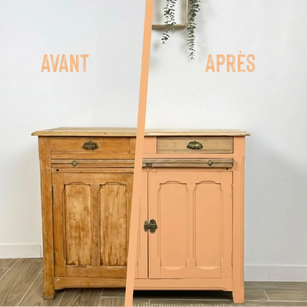 Buffet en bois relooké couleur Sorbet abricot - peinture Eléonore Déco