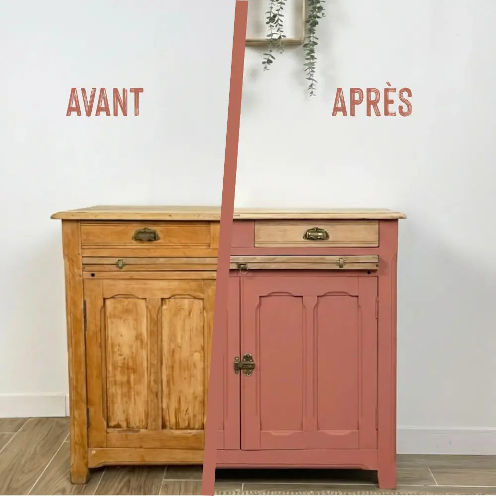Buffet en bois relooké couleur rose Tuile croquante - peinture Eléonore Déco