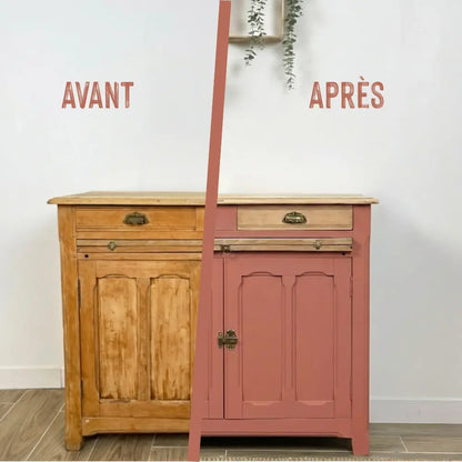 Buffet en bois relooké couleur rose Tuile croquante - peinture Eléonore Déco
