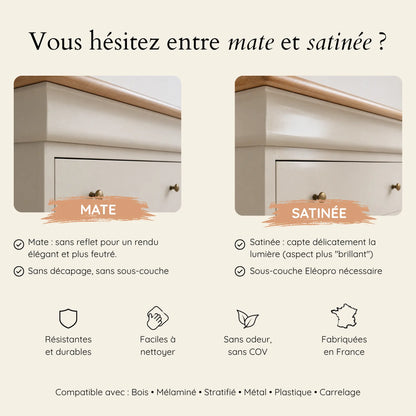 Comparatif peinture meuble mate ou satinée Éléonore Déco.