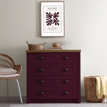 Commode relookée en couleur rouge Goutte de merlot – peinture Eléonore Déco