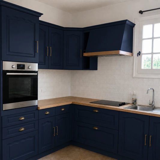 Cuisine campagne chic relookée couleur Abysses avec la peinture pour cuisine Éléonore Déco.