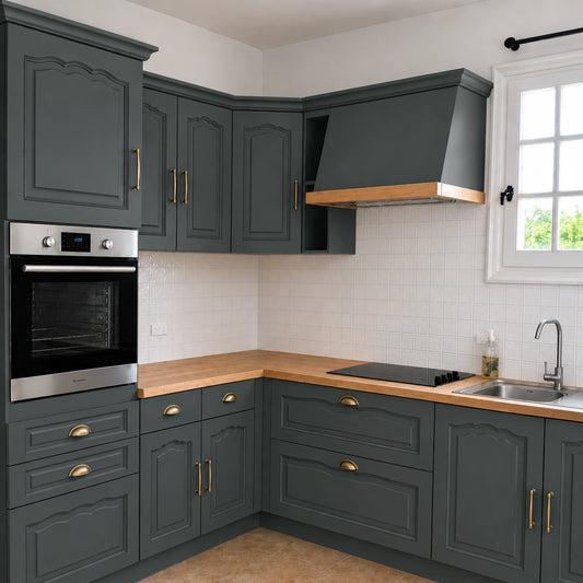 Cuisine campagne chic relookée couleur Anthracite avec la peinture pour cuisine Éléonore Déco.