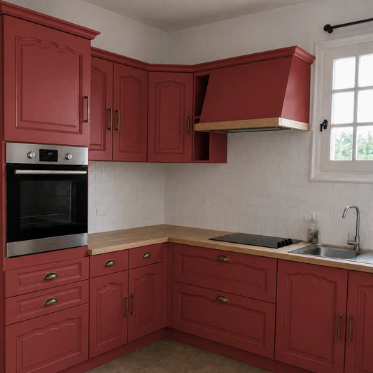 Cuisine campagne chic relookée couleur Antik rouge avec la peinture pour cuisine Éléonore Déco.