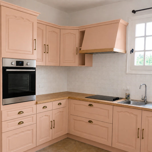 Cuisine campagne chic relookée couleur Biscuit rose avec la peinture pour cuisine Éléonore Déco.