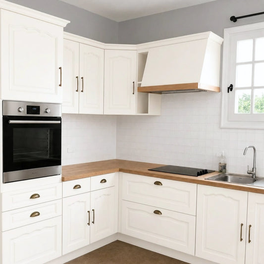 Cuisine campagne chic relookée couleur Blanc avec la peinture pour cuisine Éléonore Déco.