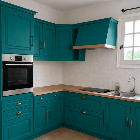 Cuisine campagne chic relookée couleur Bleu canard avec la peinture pour cuisine Éléonore Déco.