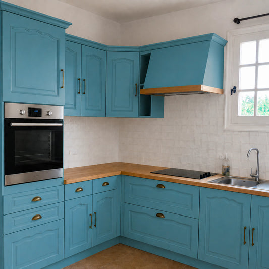 Cuisine campagne chic relookée couleur Bleu gustavien avec la peinture pour cuisine Éléonore Déco.