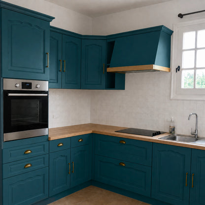 Cuisine campagne chic relookée couleur Bleu nuit avec la peinture pour cuisine Éléonore Déco.