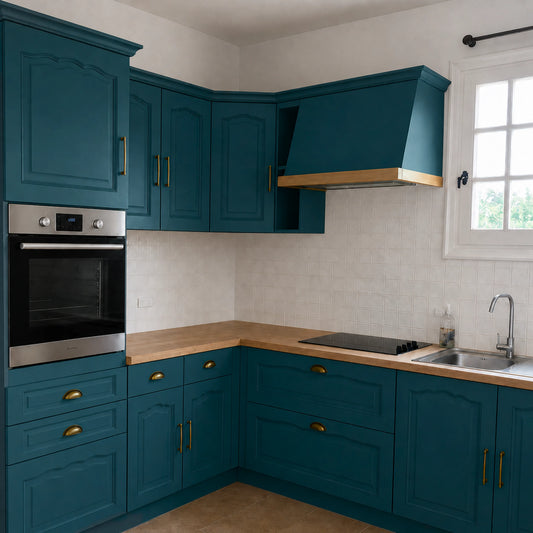 Cuisine campagne chic relookée couleur Bleu nuit avec la peinture pour cuisine Éléonore Déco.