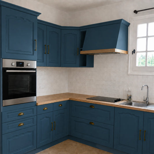Cuisine campagne chic relookée couleur Boston avec la peinture pour cuisine Éléonore Déco.