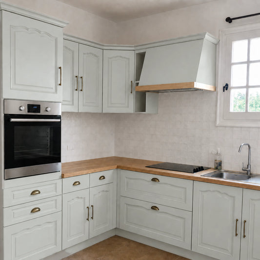 Cuisine campagne chic relookée couleur Calcaire avec la peinture pour cuisine Éléonore Déco.