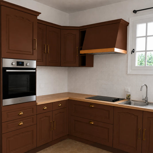 Cuisine campagne chic relookée couleur Chocolat viennois avec la peinture pour cuisine Éléonore Déco.