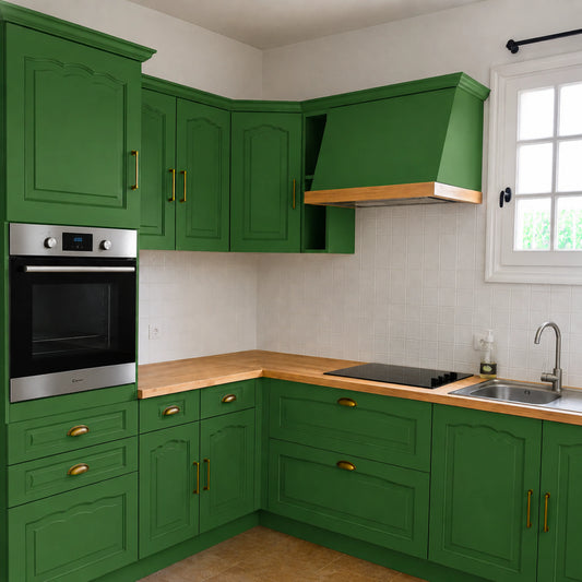 Cuisine campagne chic relookée couleur Choux choux avec la peinture pour cuisine Éléonore Déco.