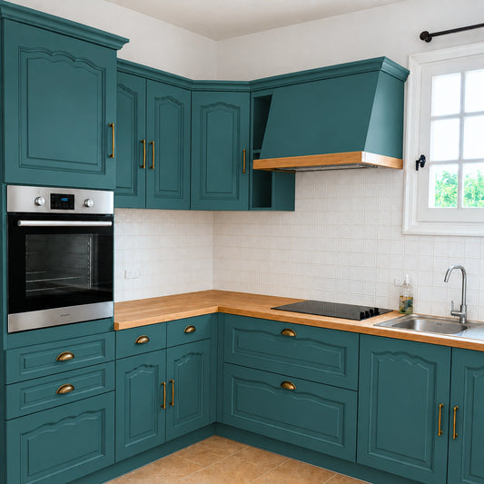 Cuisine campagne chic relookée couleur Cyprès bleu avec la peinture pour cuisine Éléonore Déco.