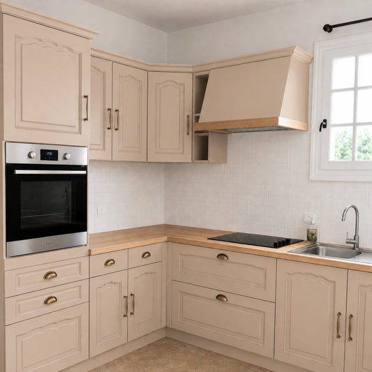 Cuisine campagne chic relookée couleur Désert avec la peinture pour cuisine Éléonore Déco.
