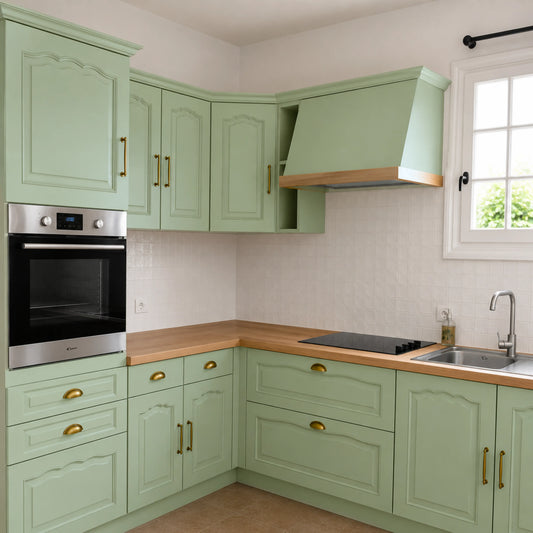 Cuisine campagne chic relookée couleur Fenouil avec la peinture pour cuisine Éléonore Déco.