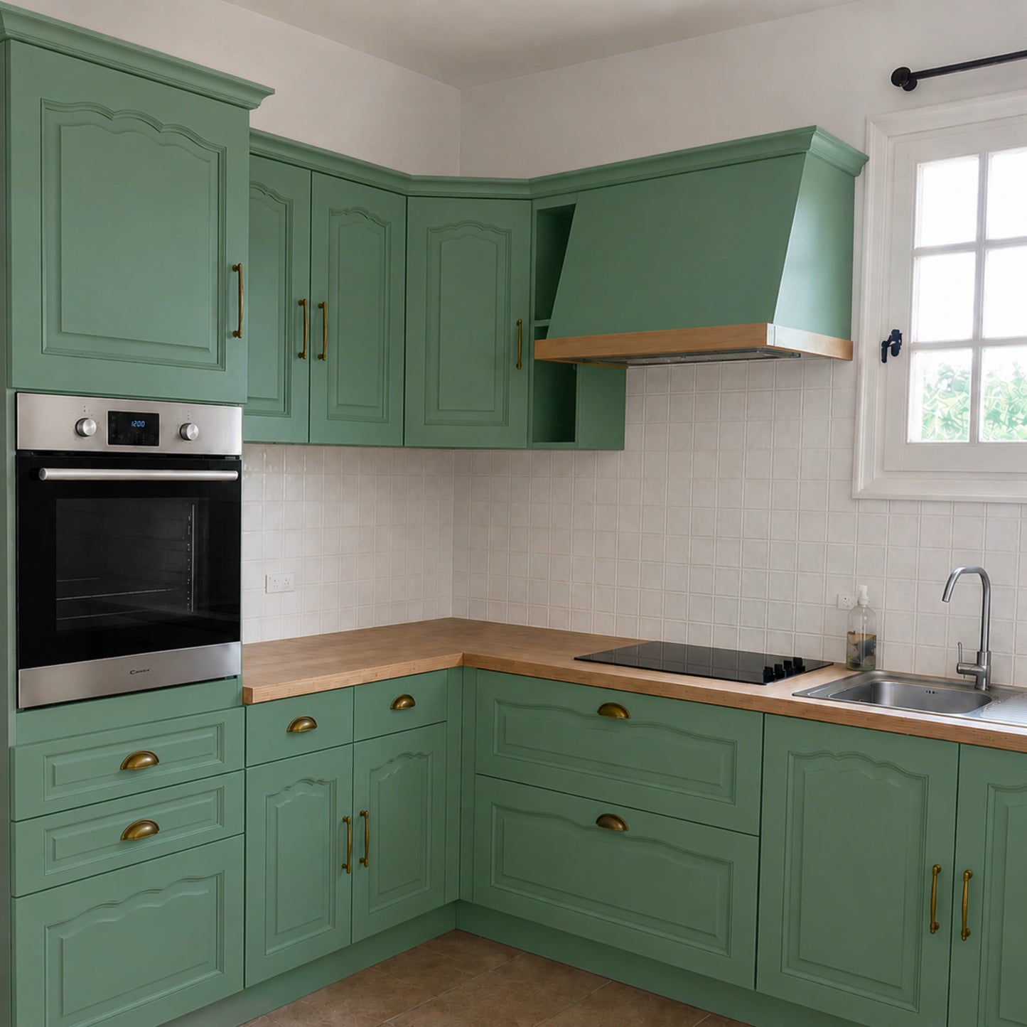 Cuisine campagne chic relookée couleur Fougères avec la peinture pour cuisine Éléonore Déco.