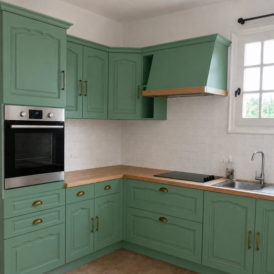 Cuisine campagne chic relookée couleur Fougères avec la peinture pour cuisine Éléonore Déco.