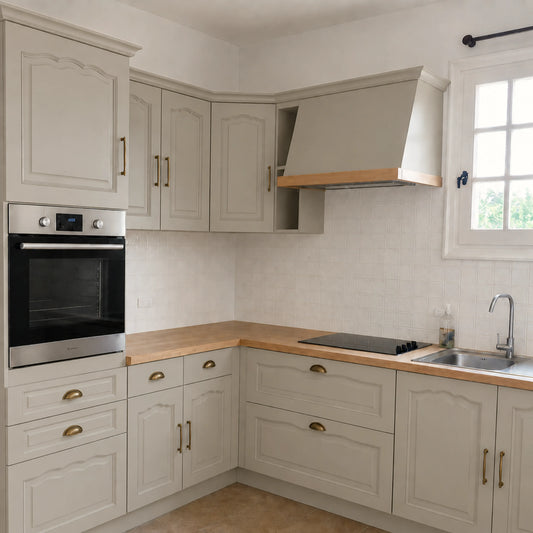 Cuisine campagne chic relookée couleur Gris de suède avec la peinture pour cuisine Éléonore Déco.