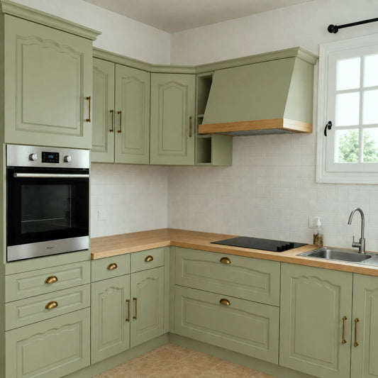 Cuisine campagne chic relookée couleur Guacamole avec la peinture pour cuisine Éléonore Déco.