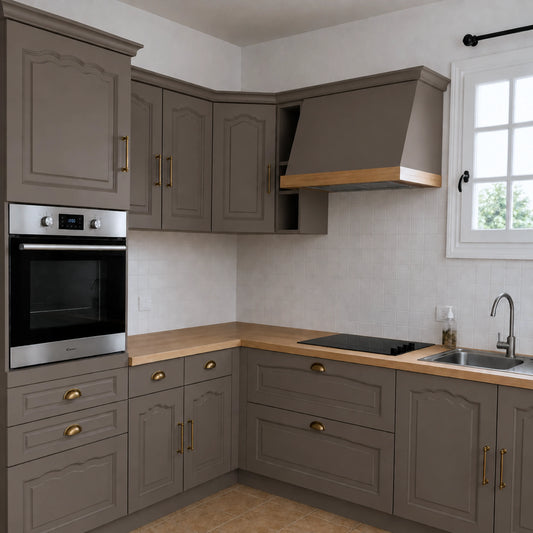 Cuisine campagne chic relookée couleur Havane avec la peinture pour cuisine Éléonore Déco.