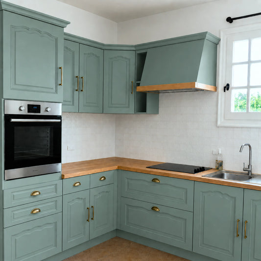 Cuisine campagne chic relookée couleur Impérial avec la peinture pour cuisine Éléonore Déco.