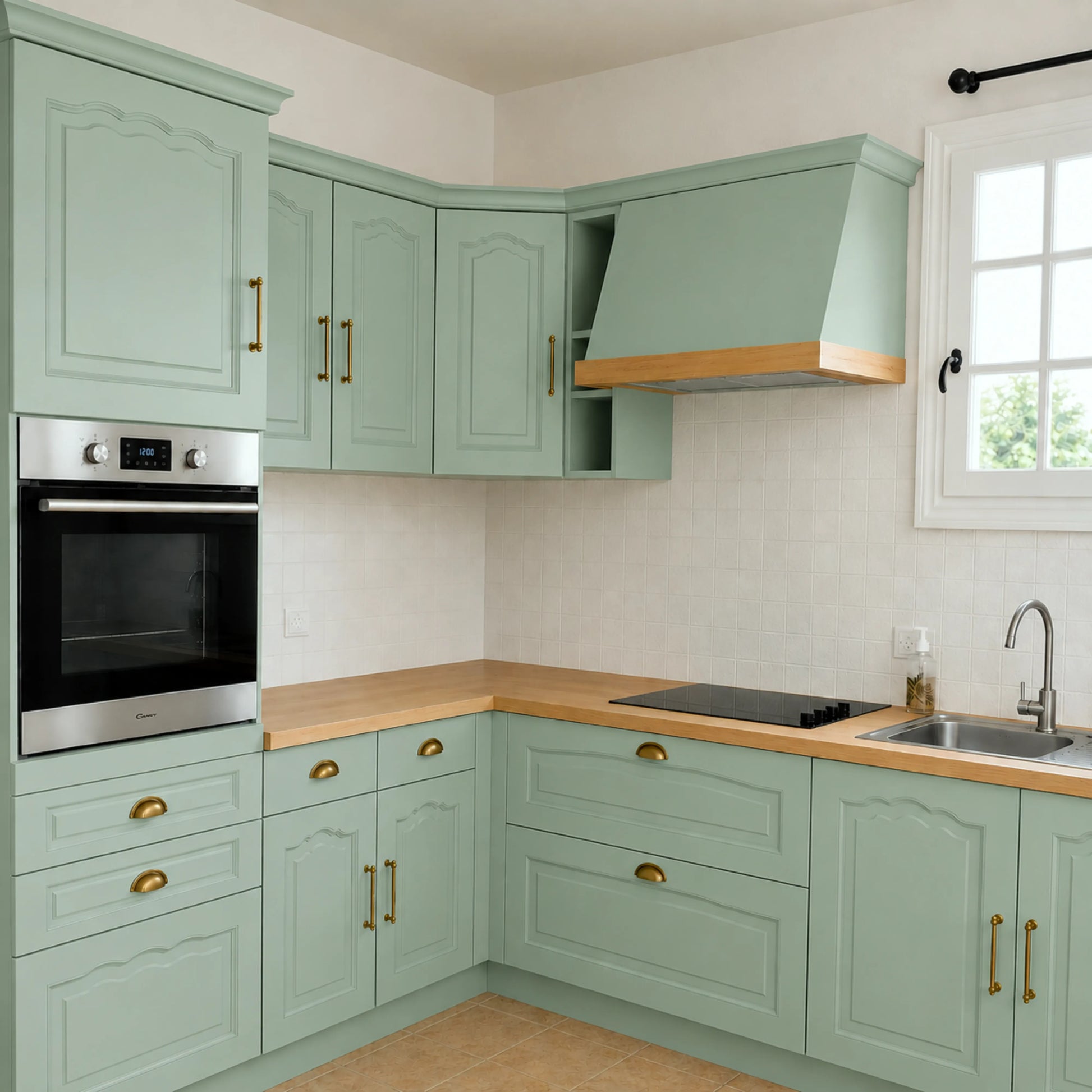 Cuisine campagne chic relookée couleur Jade avec la peinture pour cuisine Éléonore Déco.