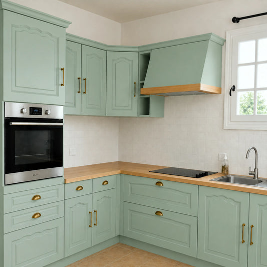 Cuisine campagne chic relookée couleur Jade avec la peinture pour cuisine Éléonore Déco.