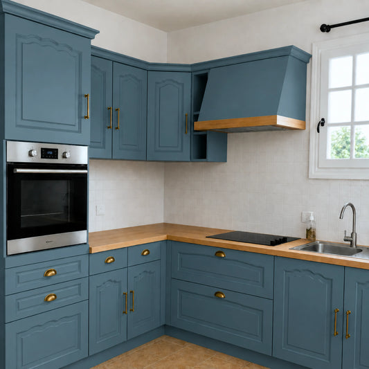 Cuisine campagne chic relookée couleur Jersey avec la peinture pour cuisine Éléonore Déco.