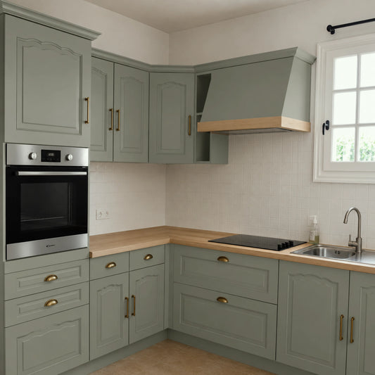 Cuisine campagne chic relookée couleur Lichen avec la peinture pour cuisine Éléonore Déco.