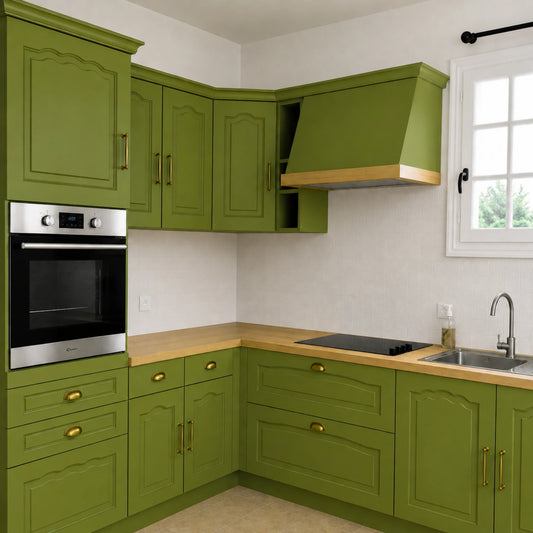 Cuisine campagne chic relookée couleur Matcha latte avec la peinture pour cuisine Éléonore Déco.